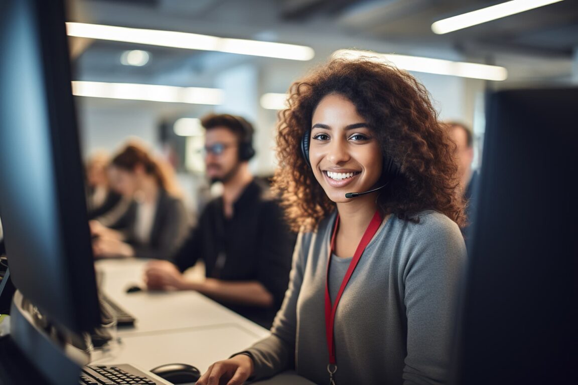 Support agent smiling at her desk